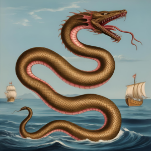 An AI-generated image depicting a sea monster which looks like a snake